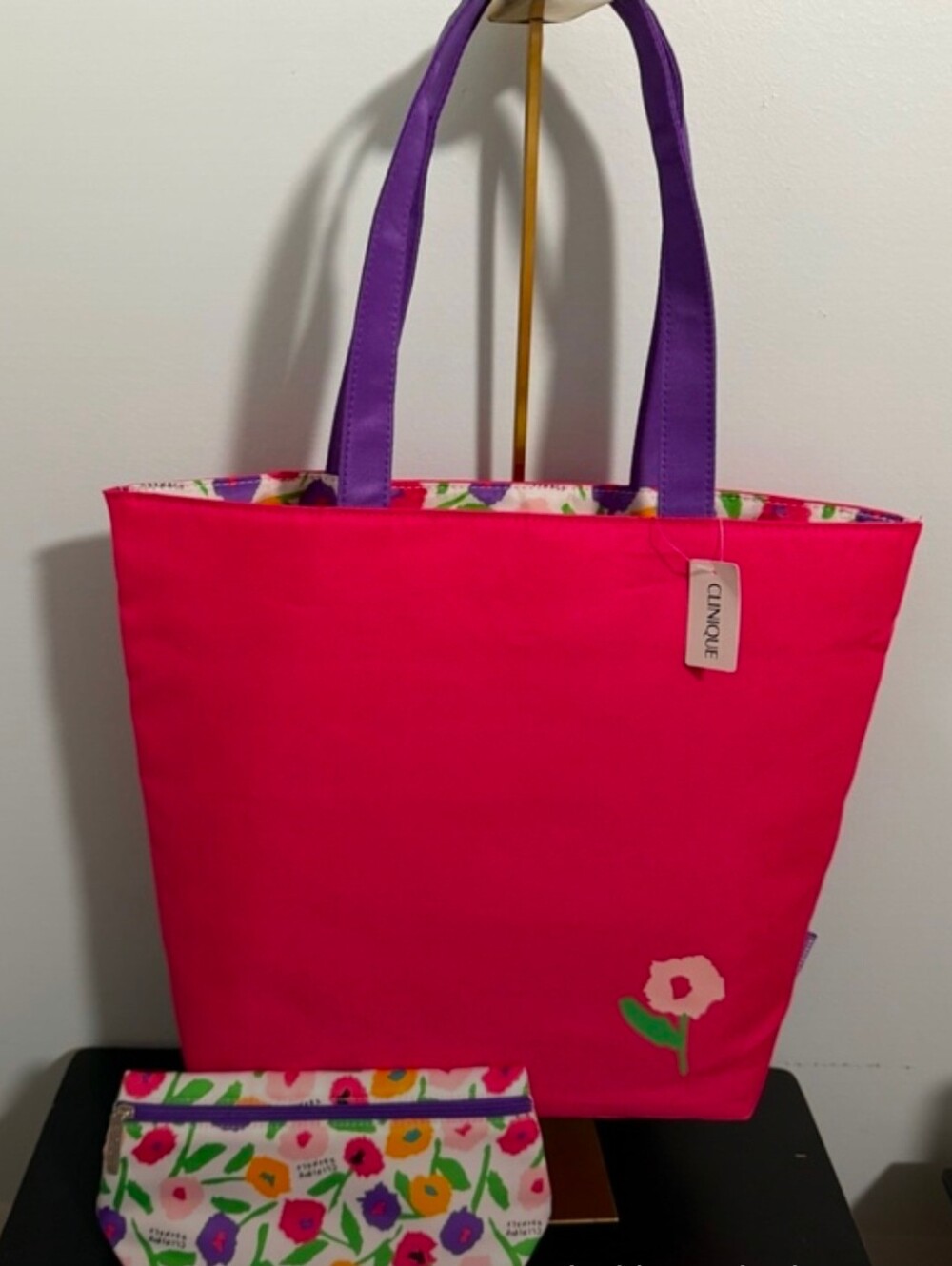 Clinique Pink Floral Tote Bag with Purple Handles
